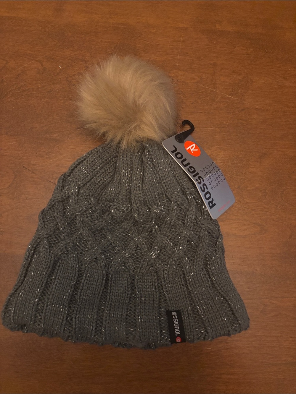 NWT Rossignol Charcoal Grey Cable Knit Beanie Fleece Lined Pom Winter Hat Ski